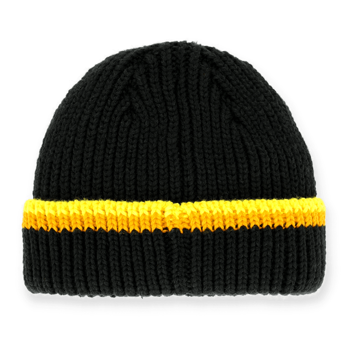 Bonnet noir et jaune du BVB au style rétro des années 70, orné d'une rayure jaune bien visible, idéal pour les supporters du Borussia Dortmund.