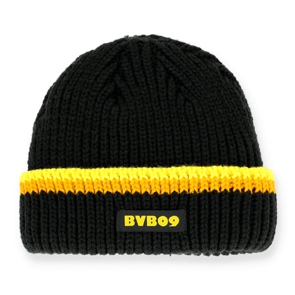 Bonnet beanie noir et jaune du BVB au design rétro des années 70, avec l'inscription « BVB09 » brodée, idéal pour les supporters du Borussia Dortmund.