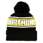 Berretto con pompon nero e giallo del BVB di New Era, con la scritta "Dortmund" ben visibile e un pompon, ideale per i tifosi e per le giornate fredde.