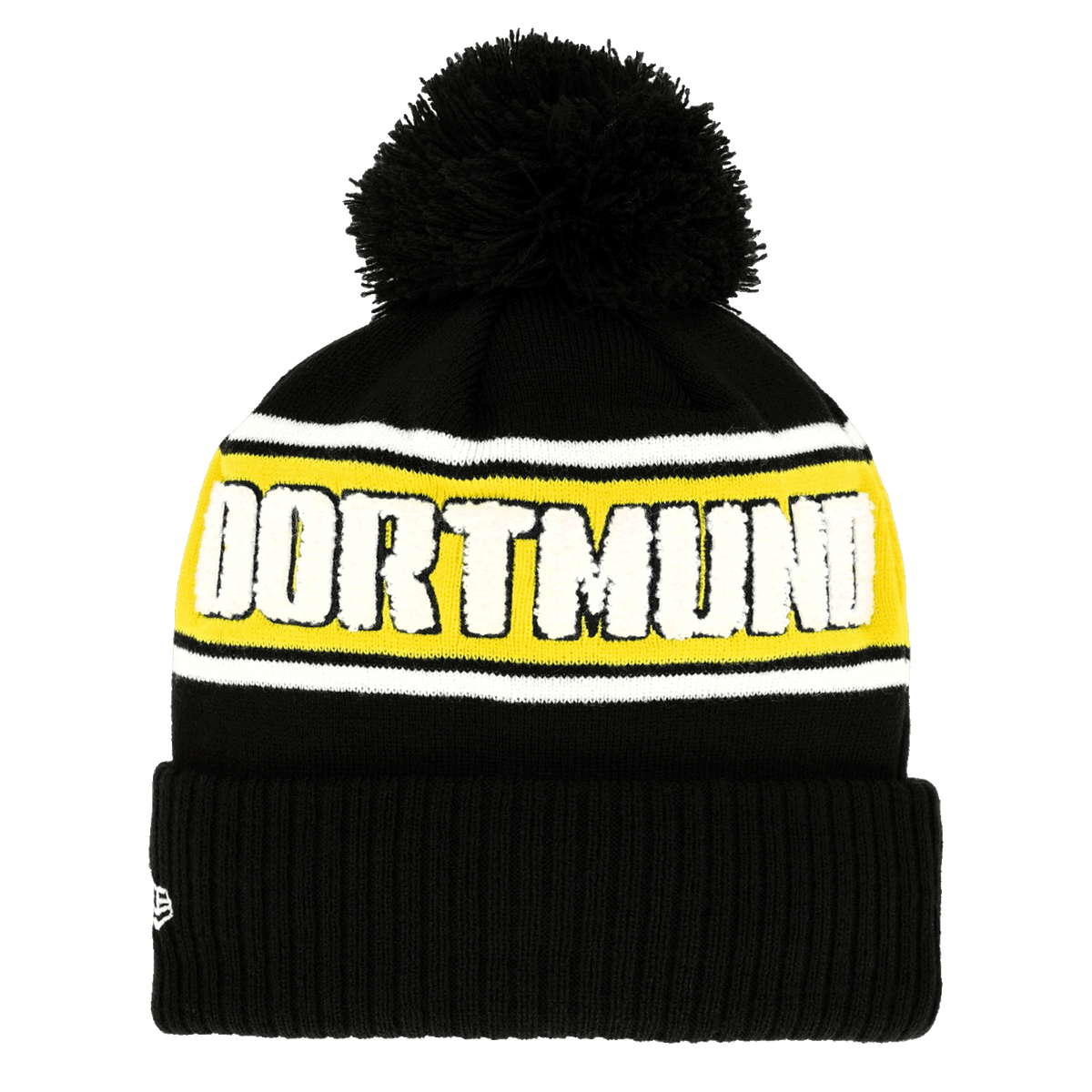 Berretto con pompon nero e giallo del BVB di New Era, con la scritta "Dortmund" ben visibile e un pompon, ideale per i tifosi e per le giornate fredde.