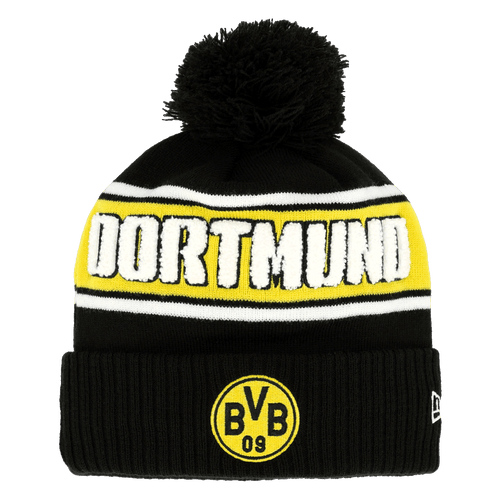 Schwarzgelbe Bommelmütze des BVB von New Era mit einem großen Dortmund-Schriftzug und dem BVB 09-Logo auf der Vorderseite. Perfekt für Fans von Borussia Dortmund.