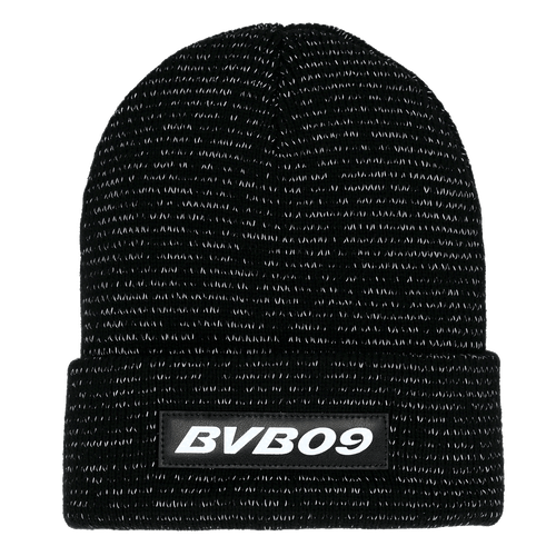 Bonnet noir réfléchissant du BVB avec le logo BVB 09, idéal pour les supporters du Borussia Dortmund.