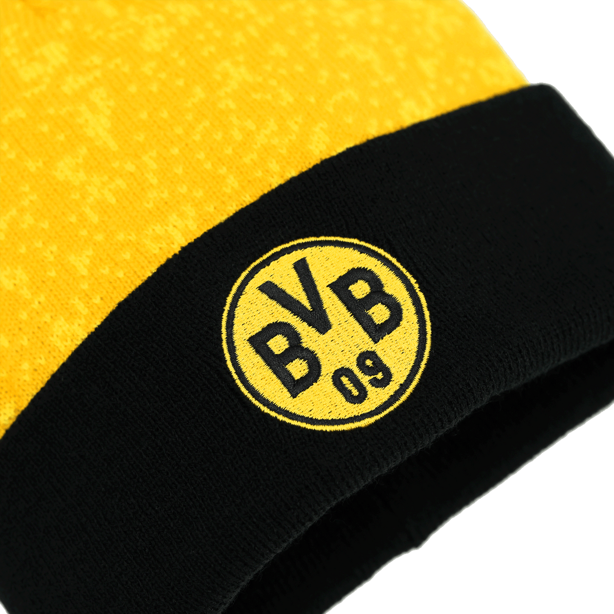 Bonnet à pompon du BVB aux couleurs noir et jaune, orné du logo « BVB 09 » brodé sur le devant : un accessoire élégant pour les supporters.