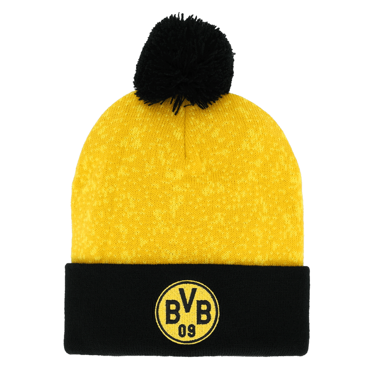 Schwarzgelbe BVB-Bommelmütze mit aufgesticktem BVB-Logo auf schwarzem Umschlag und schwarzem Bommel, ideal für Fans von Borussia Dortmund.