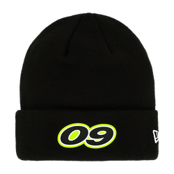 Gorro Beanie negro del BVB de New Era en talla infantil, con el número 09 en amarillo neón y blanco en la parte delantera.