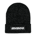 Black BVB children's beanie with reflective material and the BVB09 logo, perfect for Borussia Dortmund fans.