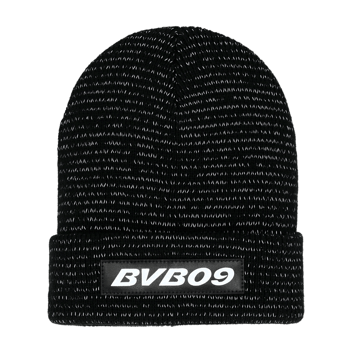 Black BVB children's beanie with reflective material and the BVB09 logo, perfect for Borussia Dortmund fans.