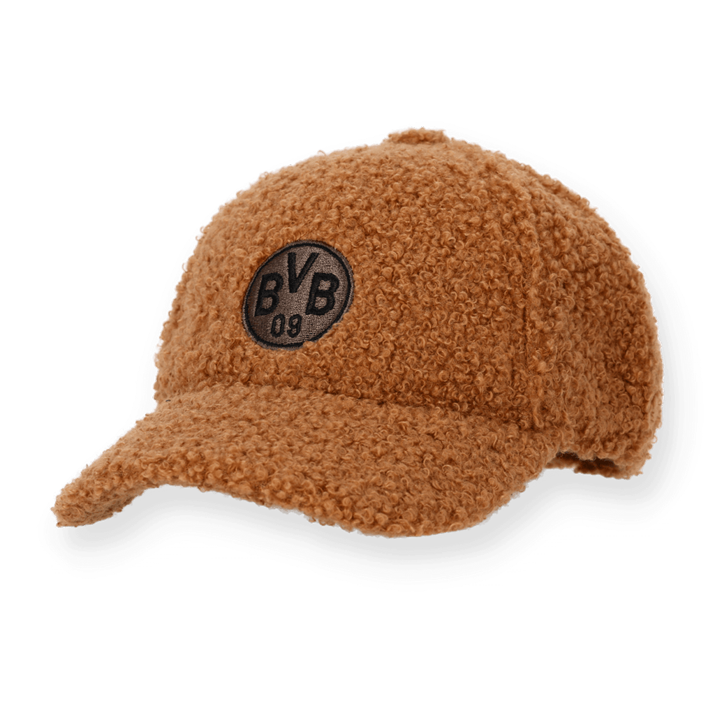 Casquette marron pour enfant, style « Teddy », avec l'emblème BVB 09 brodé sur le devant, idéale pour les jeunes supporters du Borussia Dortmund.