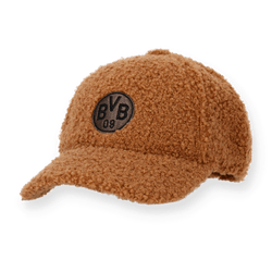 Brown children's cap with a teddy bear look and an embroidered BVB 09 emblem on the front, perfect for young Borussia Dortmund fans.
