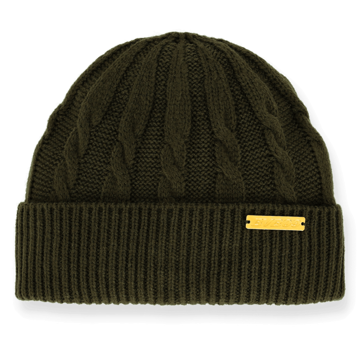BVB Frauen-Beanie mit Zopfmuster in Dunkelgrün und goldfarbenem BVB-Logo-Detail. Ideal für Fans und kalte Tage.