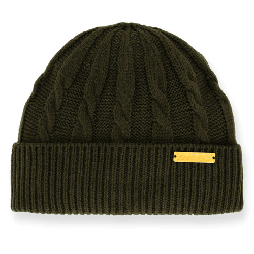 Bonnet pour femme du BVB avec motif tressé, de couleur vert foncé et orné d'un logo BVB doré. Idéal pour les fans et les journées froides.