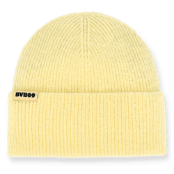 Pastel yellow BVB knit beanie with a folded hem and a BVB09 label for Borussia Dortmund fans.