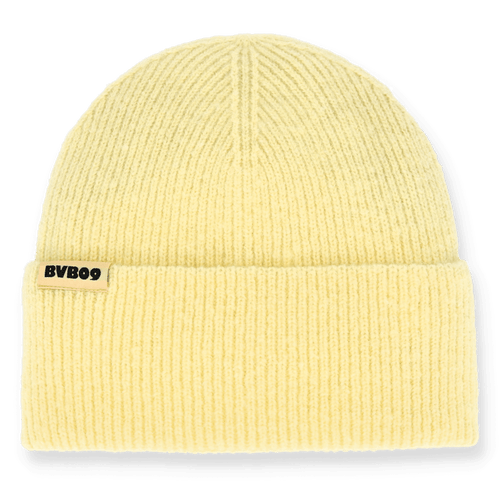 Casquette BVB jaune pastel en tricot, avec bord retourné et étiquette « BVB09 », pour les supporters du Borussia Dortmund.
