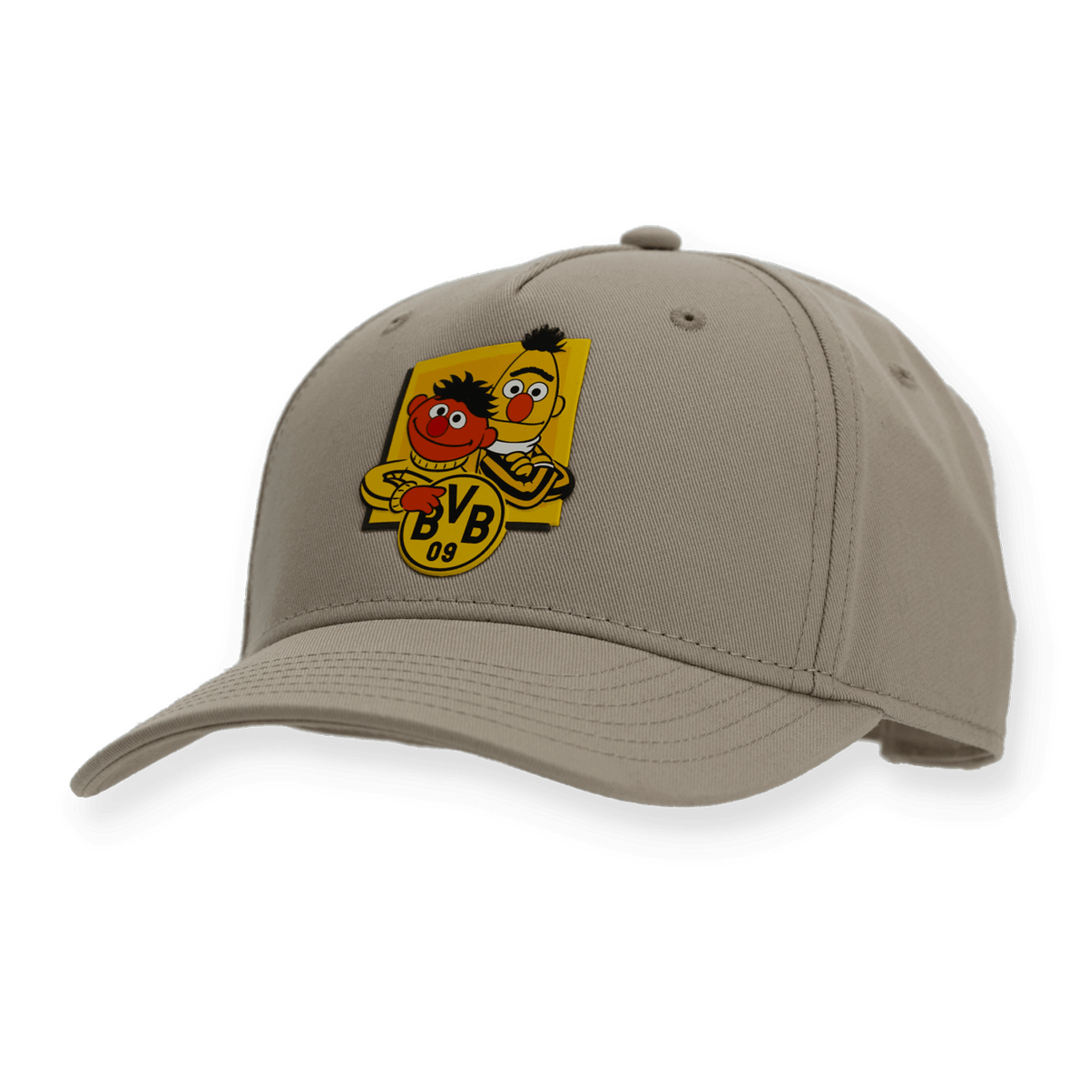 Beige Herren Cap mit Ernie und Bert Motiv aus der Sesamstraße und BVB 09 Logo, perfektes Accessoire für Fans.