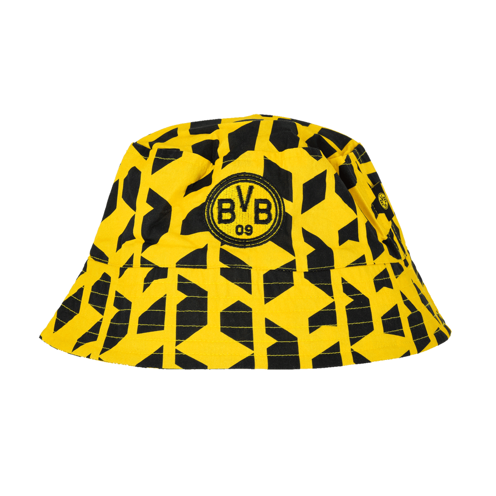 Cappello da pescatore nero e giallo del BVB con motivo geometrico, logo BVB-09 e design moderno, perfetto per i tifosi del Borussia Dortmund.