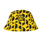Cappello da pescatore nero e giallo del BVB con motivo geometrico, logo BVB-09 e design moderno, perfetto per i tifosi del Borussia Dortmund.