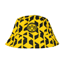 Sombrero de pescador del BVB en negro y amarillo, con un estampado geométrico, el logotipo BVB-09 y un diseño moderno, perfecto para los aficionados del Borussia Dortmund.