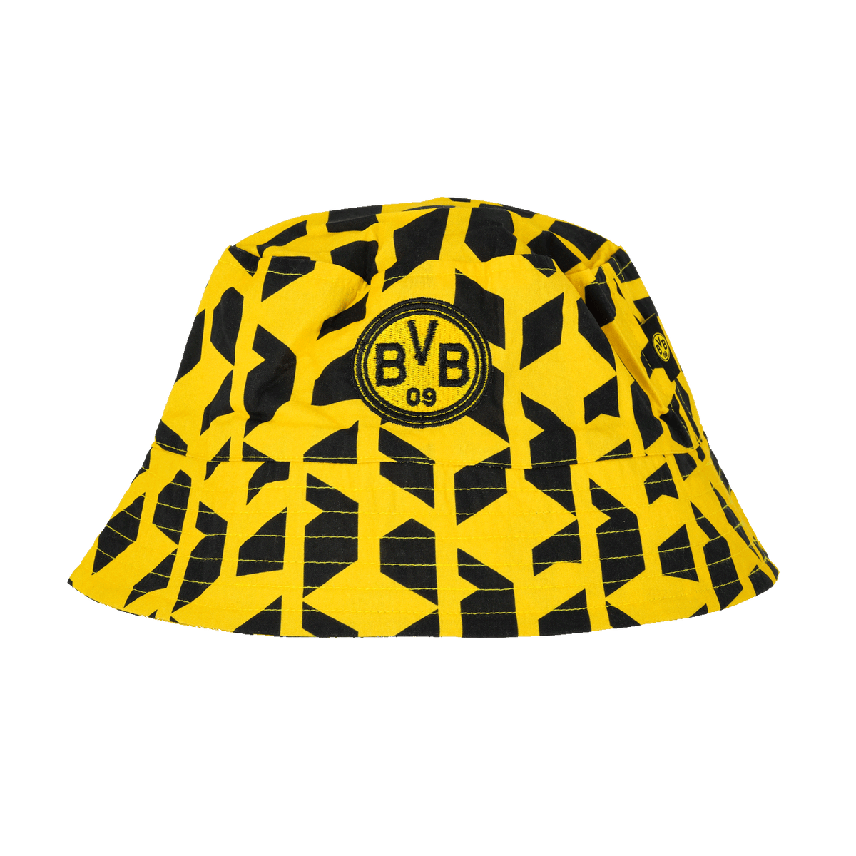 Chapeau de pêcheur noir et jaune du BVB, avec un motif géométrique, le logo BVB-09 et un design moderne, idéal pour les supporters du Borussia Dortmund.