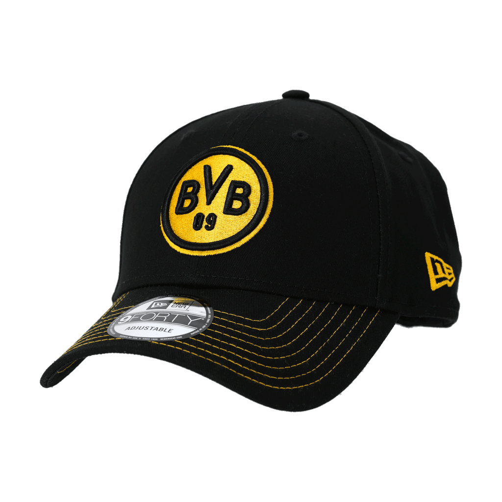 Casquette New Era 9Forty noire avec logo BVB 09 jaune, coutures jaunes et fermeture réglable, idéale pour les supporters du BVB.