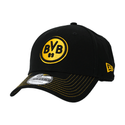 Gorra New Era 9Forty negra con el logotipo amarillo del BVB 09, costuras amarillas y cierre ajustable, ideal para los aficionados del BVB.