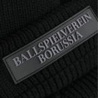 Schwarze BVB Fisherbeanie mit plastischer 'Ballspielverein Borussia'-Aufschrift, Accessoire für Fans des Vereins.