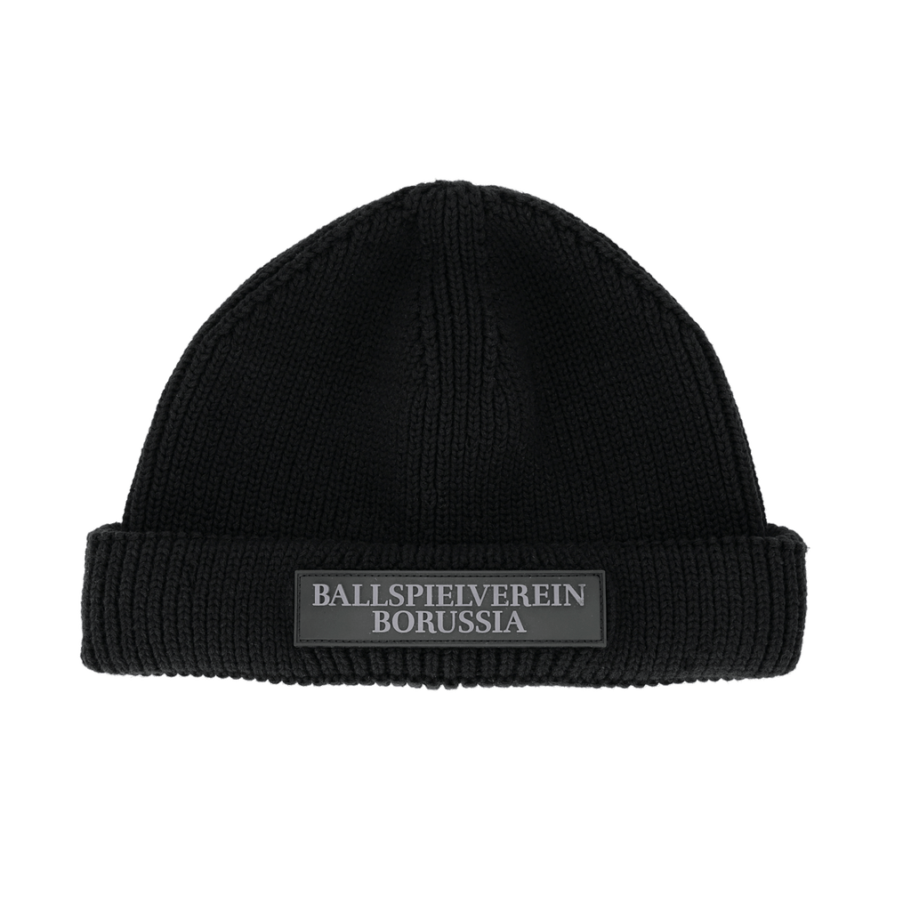 Schwarze Fisherbeanie mit Ballspielverein Borussia Schriftzug auf der Vorderseite, ideal als Accessoire für Fans von Borussia Dortmund.