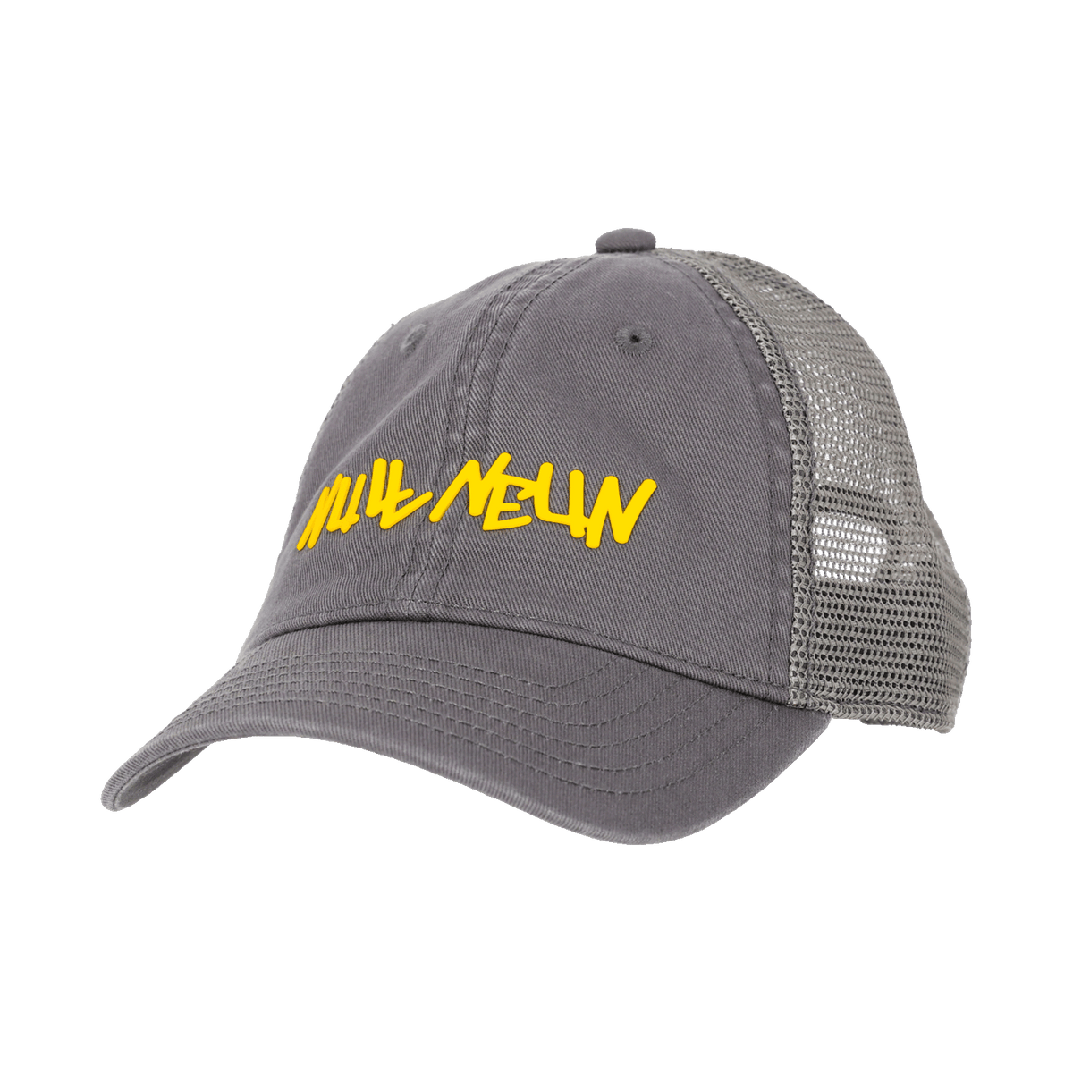 Diese graue BVB Cap mit gelbem Graffiti-Logo 'NULL NEUN' ist ein stylisches Accessoire für Kleinkinder, mit einem atmungsaktiven Netzmaterial auf der Rückseite.