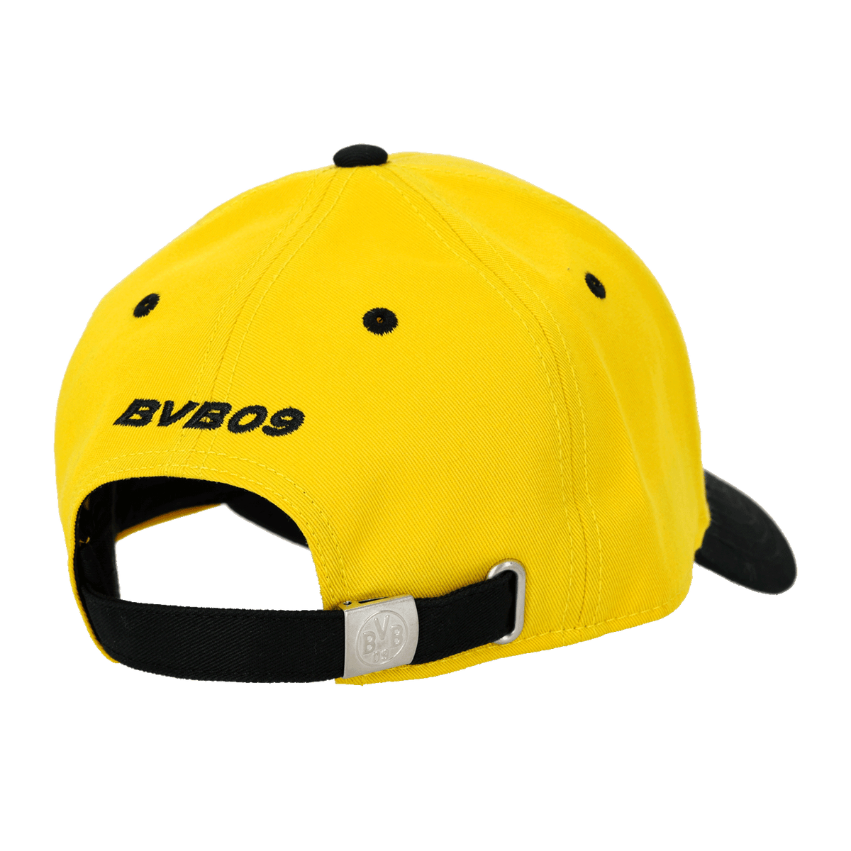 Cappellino giallo del BVB con la scritta “BVB09” in nero sul retro, visiera nera e chiusura regolabile in metallo.