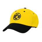 Cappellino del BVB nero e giallo con logo BVB ricamato sul davanti e visiera nera, perfetto come gadget per i tifosi e come accessorio.