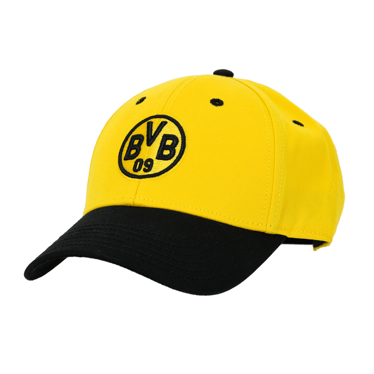 Schwarzgelbe BVB-Cap mit gesticktem BVB-Logo vorne und schwarzem Schirm, perfekt als Fanartikel und Accessoire.