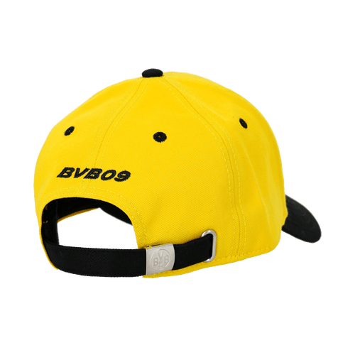 Vista trasera de la gorra infantil amarilla del BVB, con visera negra y la inscripción «BVB09» en negro en la parte trasera.