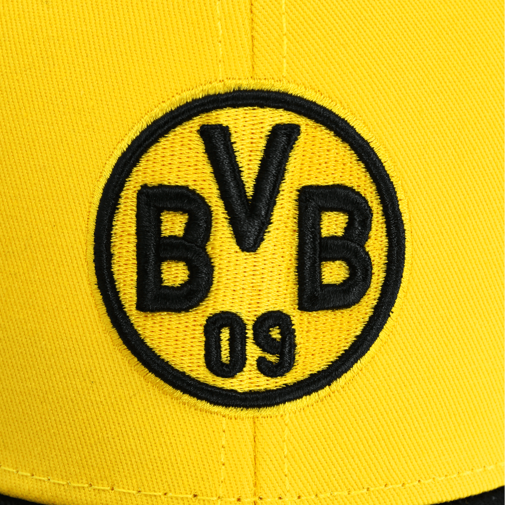 Yellow BVB kids' cap with a black BVB logo on the front, perfect for young Borussia Dortmund fans.