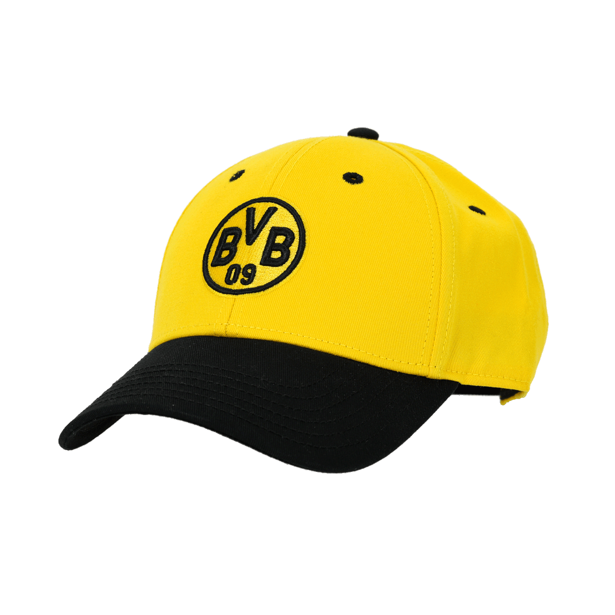 Casquette BVB noir et jaune pour enfants, avec un grand logo sur le devant, idéale comme produit dérivé et accessoire.