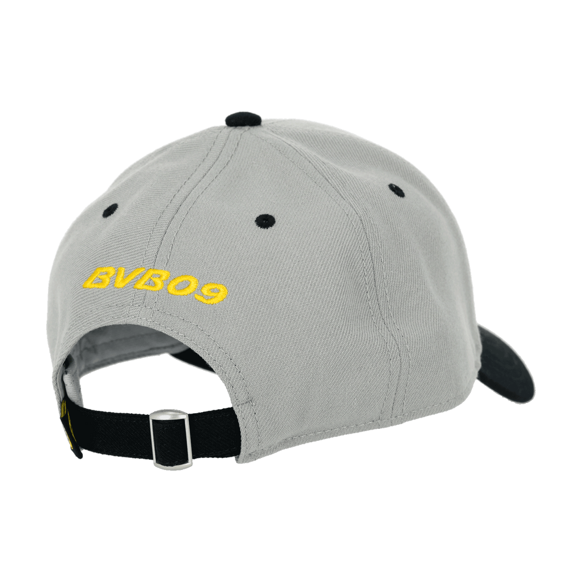 Vista posteriore di un cappellino grigio del BVB con il logo giallo BVB09 e una chiusura nera regolabile.