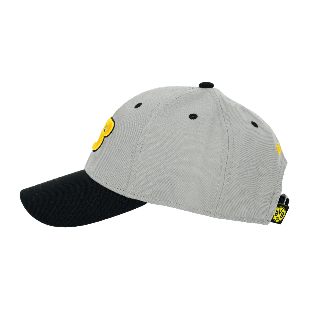 Cappellino grigio del BVB con visiera nera, dettagli gialli e logo del BVB, vista laterale. Articolo per tifosi del Borussia Dortmund.