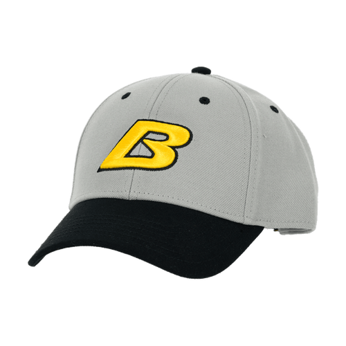 BVB-Cap in Grau mit schwarzem Schirm und auffälligem gelb-schwarzem gesticktem B-Logo, ideal für Borussia Dortmund Fans.