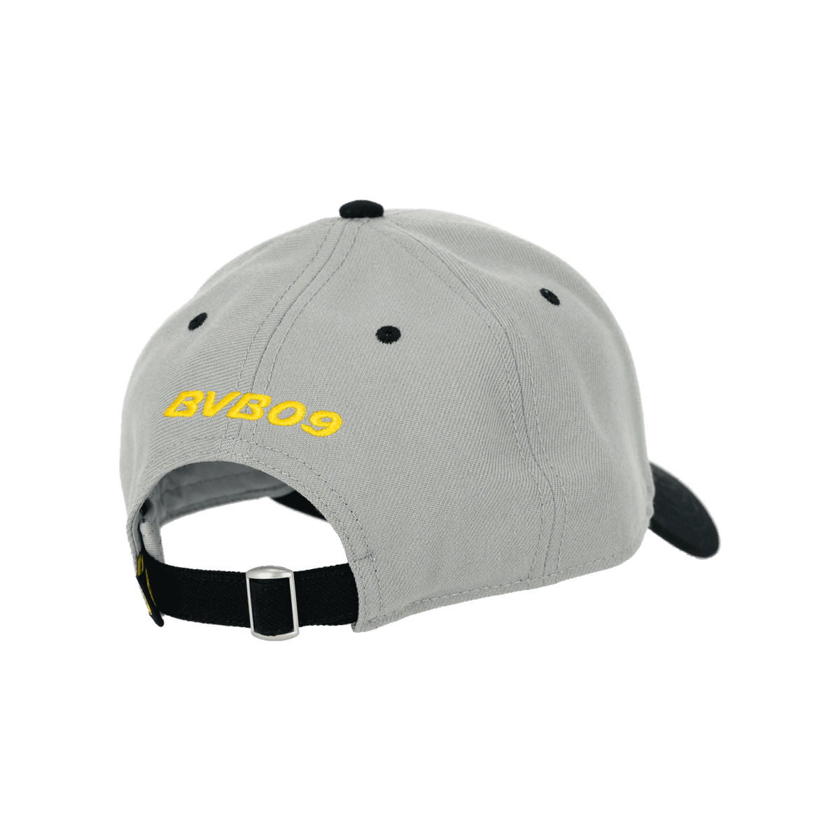 Graue BVB-Kappe für Kinder mit gelbem BVB09-Logo auf der Rückseite und verstellbarem Verschluss.