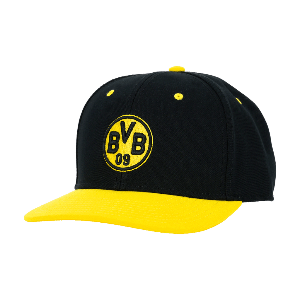 Casquette Snapback noire du BVB avec visière jaune et logo BVB brodé sur le devant, l'accessoire idéal pour les supporters du Borussia Dortmund.