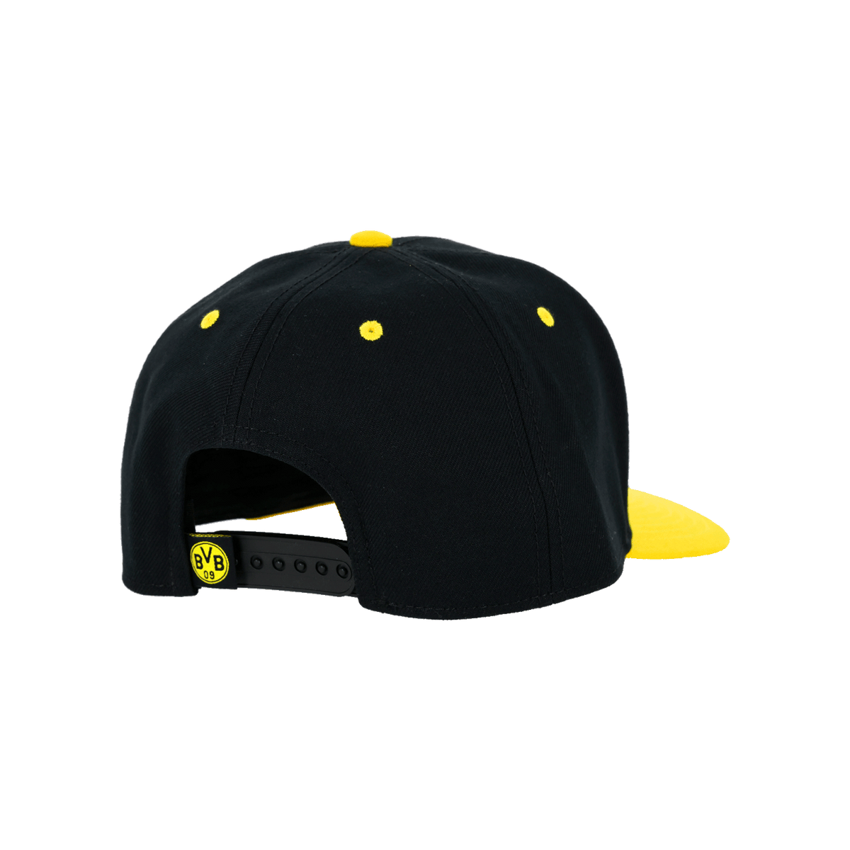 Rückansicht einer schwarzgelben BVB-Snapback-Cap für Kinder mit BVB-Logo und verstellbarem Verschluss.
