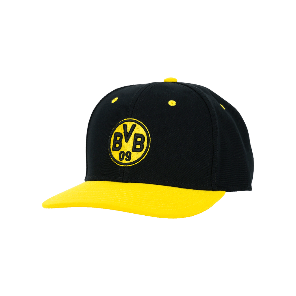 Klassische schwarzgelbe BVB-Snapback-Kappe mit großem BVB-Logo für junge Fans, perfektes Accessoire für Borussia Dortmund Anhänger.