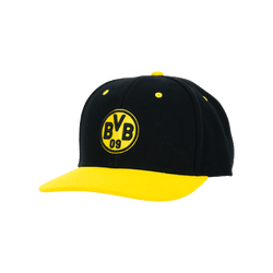 Casquette snapback classique noir et jaune du BVB, ornée d'un grand logo BVB, destinée aux jeunes supporters : l'accessoire idéal pour les fans du Borussia Dortmund.