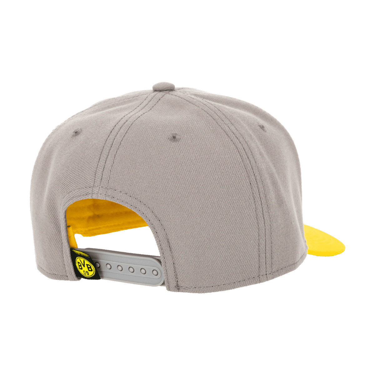 Rear view of a gray snapback cap with a yellow brim and the BVB logo on the adjustable back.