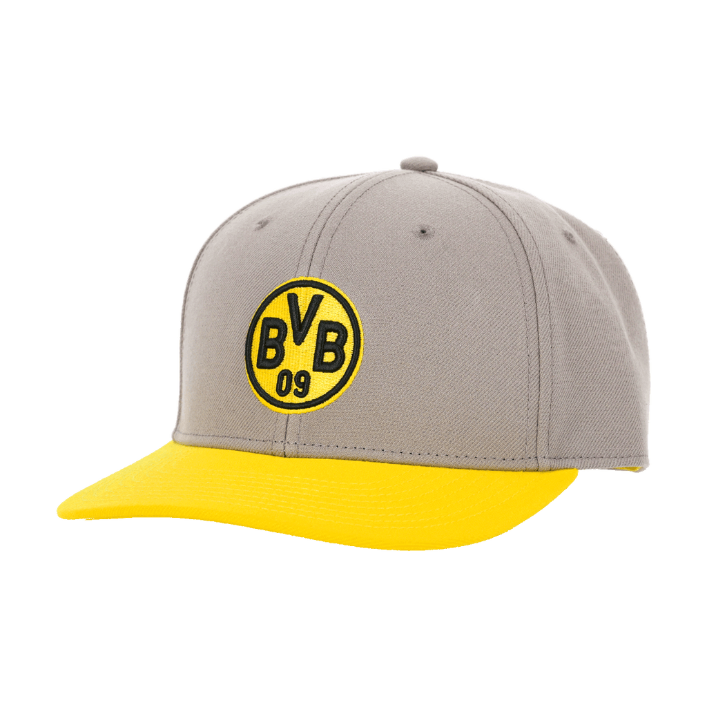 Casquette snapback grise du BVB avec une visière jaune et un logo BVB bien visible sur le devant, idéale pour les supporters du Borussia Dortmund.