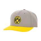 Gray BVB snapback cap with a yellow brim and a striking BVB logo on the front, perfect for Borussia Dortmund fans.