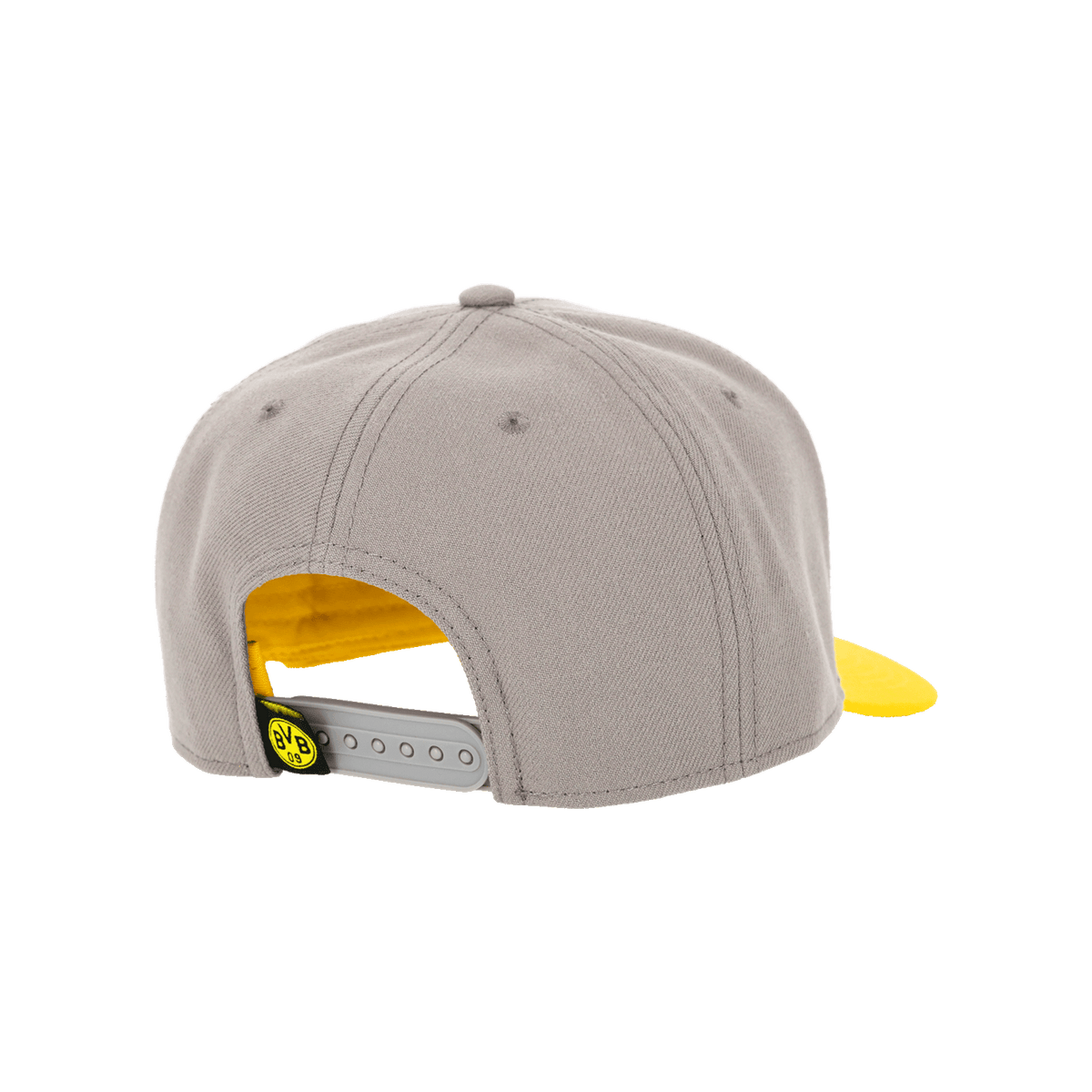 Graue BVB-Snapback-Cap für Kinder mit gelbem Schirm und verstellbarem Verschluss, ideal für kleine Borussia Dortmund Fans.