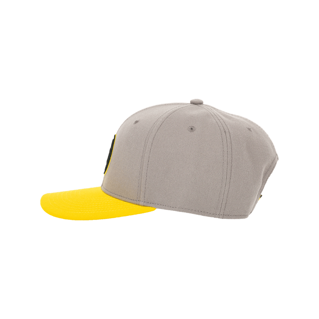 Graue Snapback-Kappe für Kinder mit gelbem Schirm und BVB-Logo als stylisches Accessoire für Fans von Borussia Dortmund.