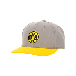 Casquette snapback BVB gris-jaune pour enfants, ornée d'un logo BVB brodé bien visible. Parfaite pour les jeunes supporters du Borussia Dortmund.