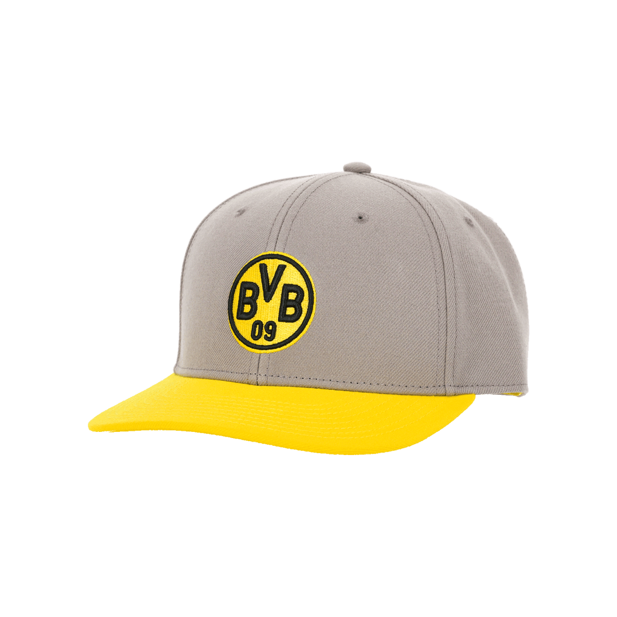 Grau-gelbe BVB Snapback-Cap für Kinder mit auffälligem gesticktem BVB-Logo. Perfekt für junge Fans von Borussia Dortmund.