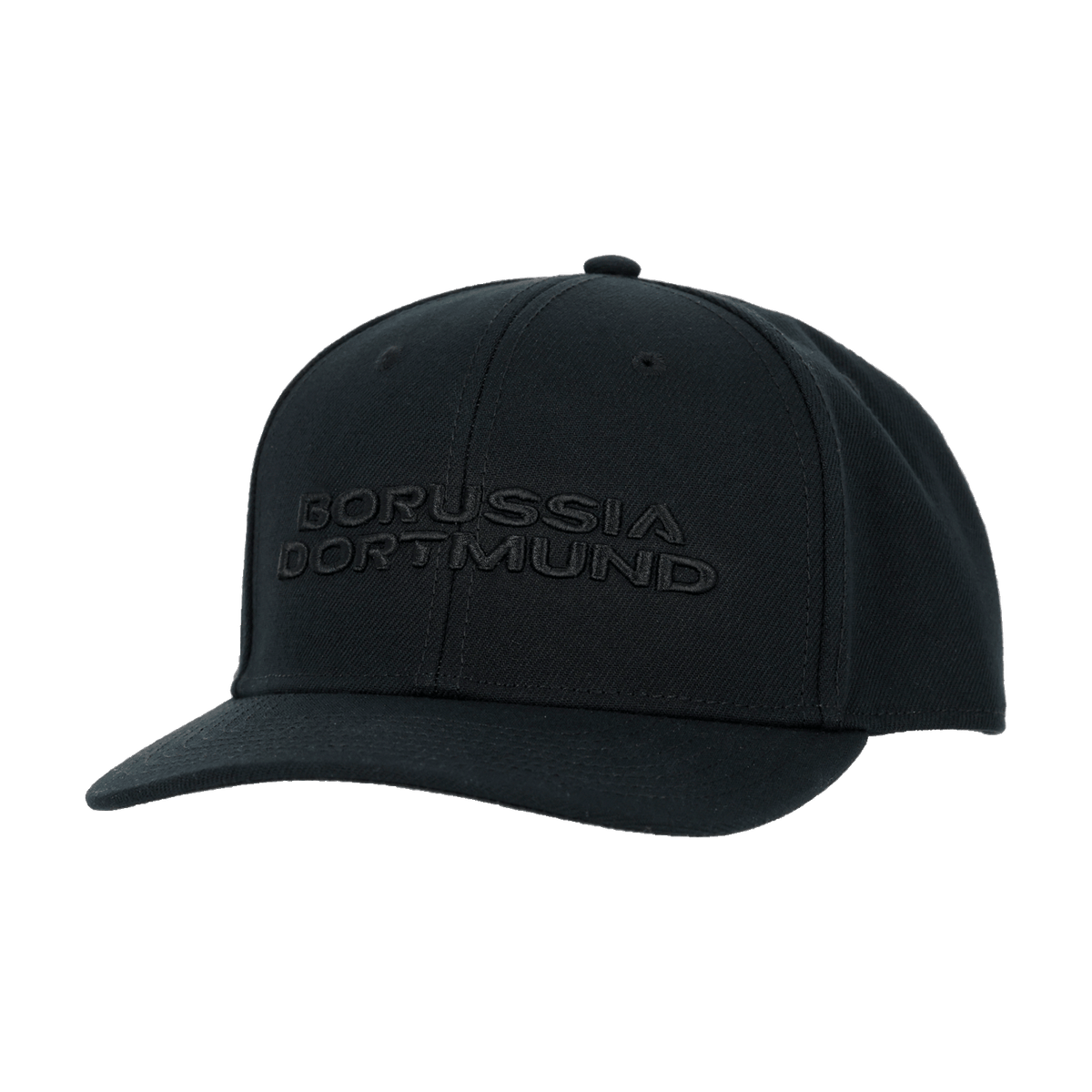 Stylische schwarze Snapback-Cap von Borussia Dortmund mit hochwertigem gesticktem Logo auf der Vorderseite, ideal für Fans und Freizeit.