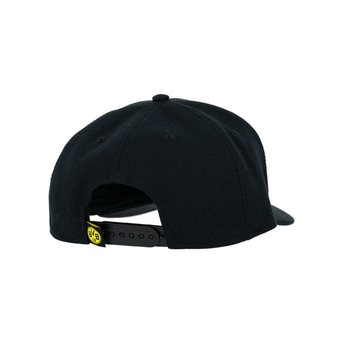 Rückansicht der schwarzen BVB-Snapback-Kappe für Kinder mit verstellbarem Verschluss und gelbem BVB-Logo am Verschluss.